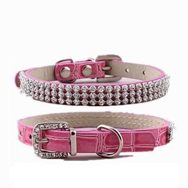 Luxury Crystal PU Leather Dog Collar Pink